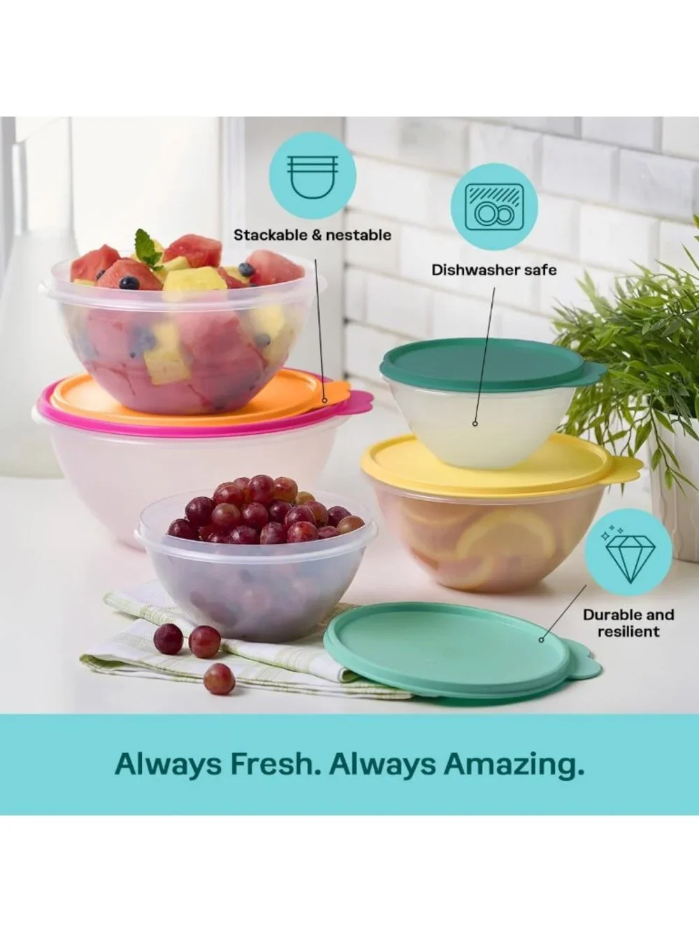 10-Piece Colorful Food Storage Bowl Set - BPA Free, Dishwasher Safe, Stackable